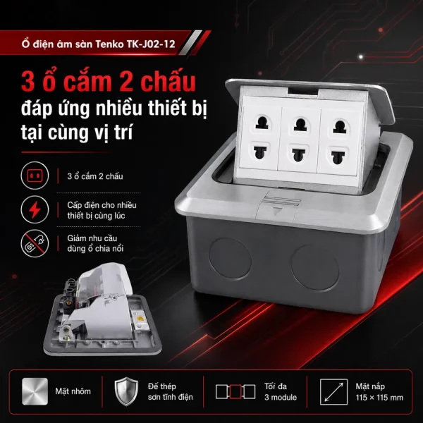 Ổ điện âm sàn 3 ổ 2 chấu Tenko TK-J02-12