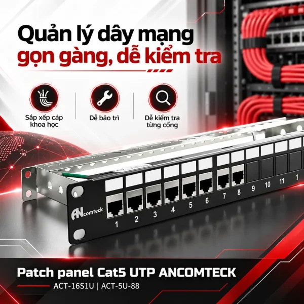 Patch panel Cat5 UTP ANCOMTECK 16 cổng ACT-16S1U|ACT-5U-88