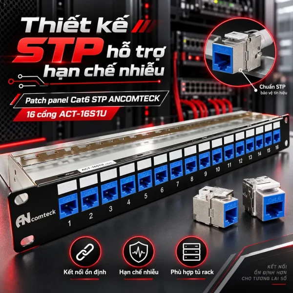Patch panel Cat6 STP ANCOMTECK 16 cổng ACT-16S1U