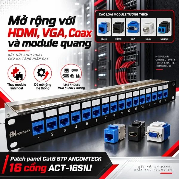 Patch panel Cat6 STP ANCOMTECK 16 cổng ACT-16S1U