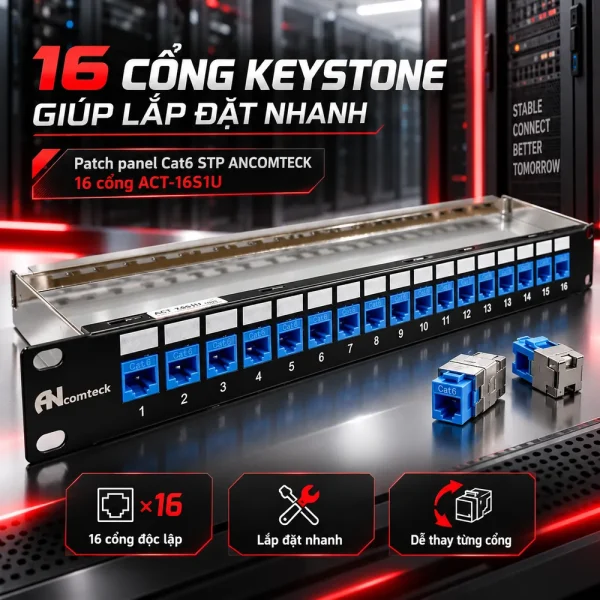 Patch panel Cat6 STP ANCOMTECK 16 cổng ACT-16S1U