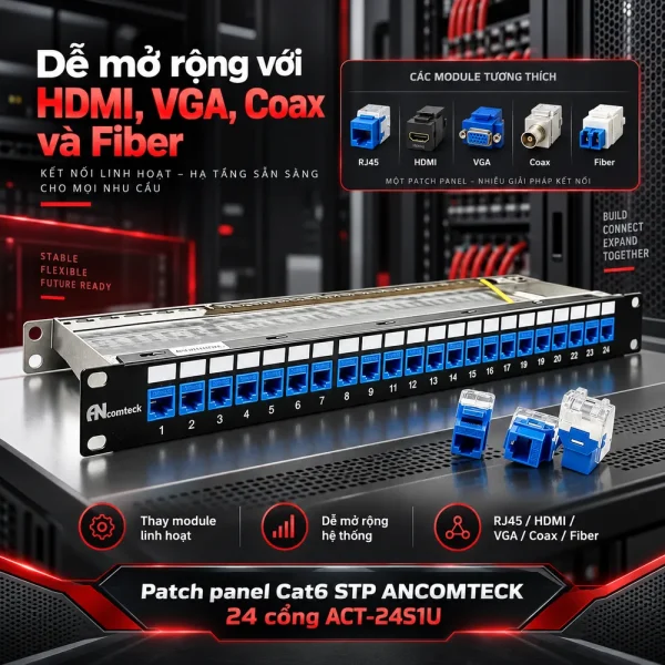 Patch panel Cat6 STP ANCOMTECK 24 cổng ACT-24S1U