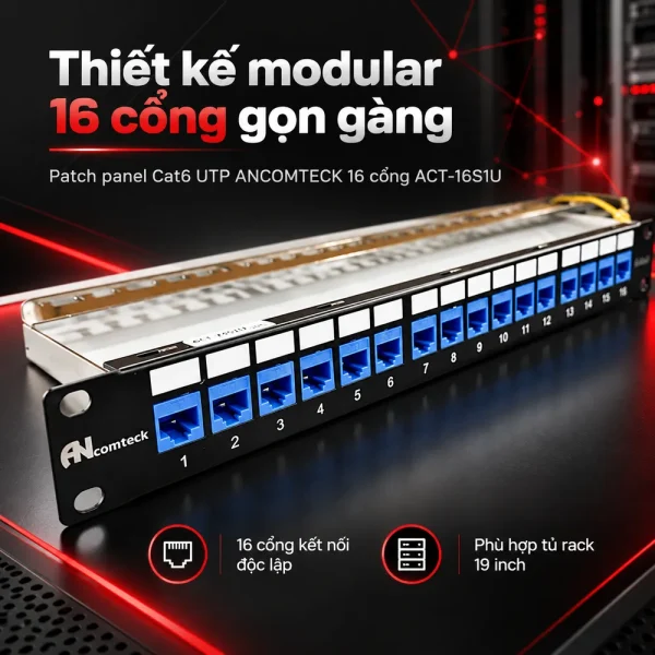 Patch panel Cat6 UTP ANCOMTECK 16 cổng ACT-16S1U