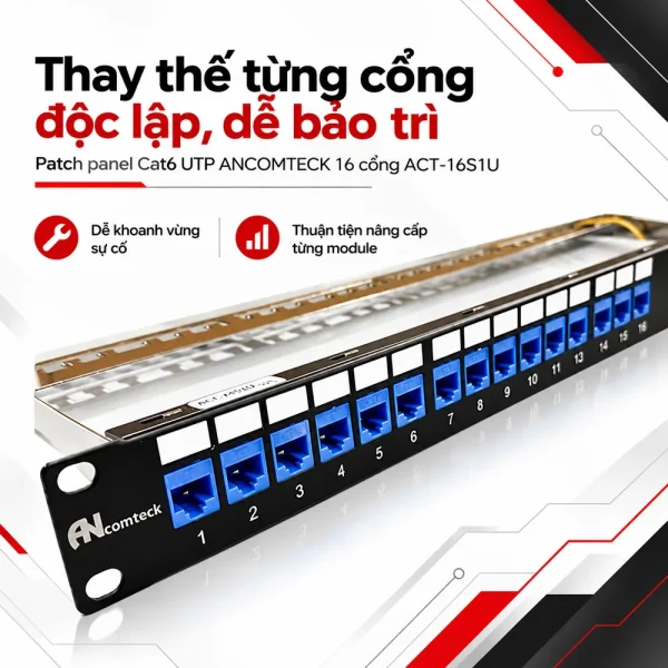 Patch panel Cat6 UTP ANCOMTECK 16 cổng ACT-16S1U
