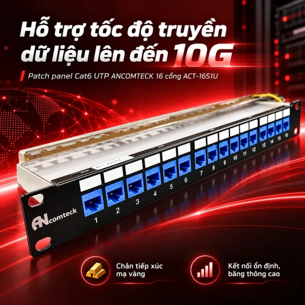 Patch panel Cat6 UTP ANCOMTECK 16 cổng ACT-16S1U