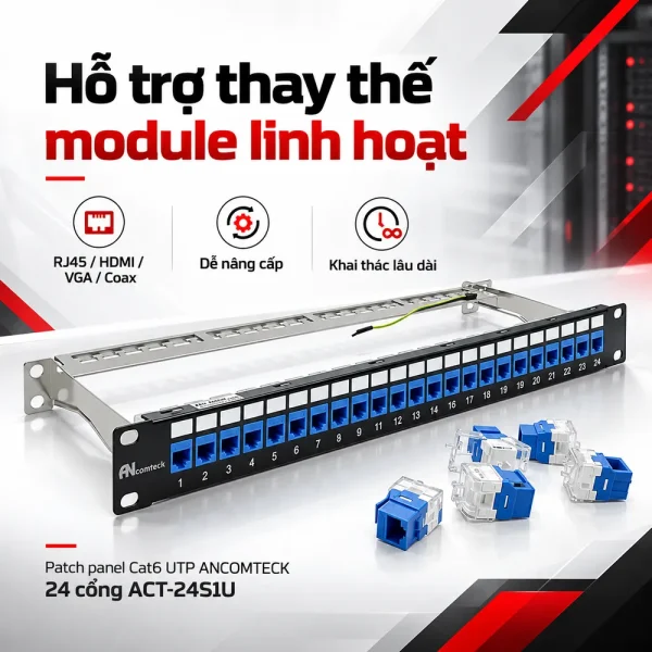Patch panel Cat6 UTP ANCOMTECK 24 cổng ACT-24S1U