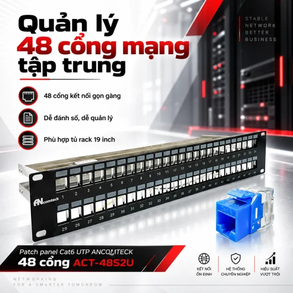 Patch panel Cat6 UTP ANCOMTECK 48 cổng ACT-48S2U
