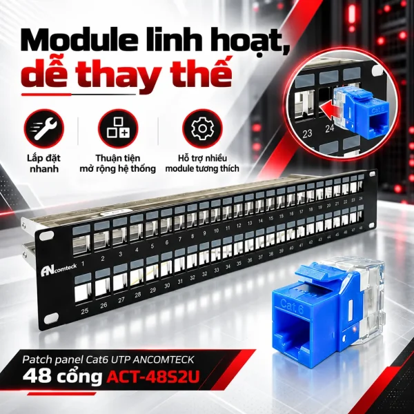 Patch panel Cat6 UTP ANCOMTECK 48 cổng ACT-48S2U