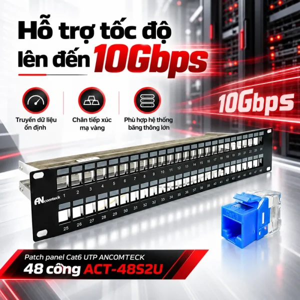 Patch panel Cat6 UTP ANCOMTECK 48 cổng ACT-48S2U