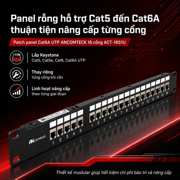 Patch panel Cat6A UTP ANCOMTECK 16 cổng ACT-16S1U