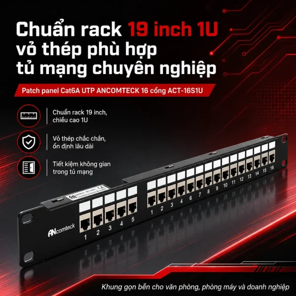 Patch panel Cat6A UTP ANCOMTECK 16 cổng ACT-16S1U