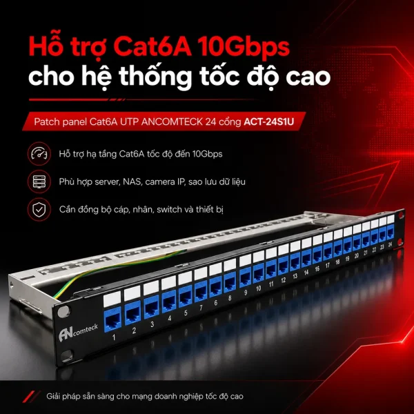 Patch panel Cat6A UTP ANCOMTECK 24 cổng ACT-24S1U