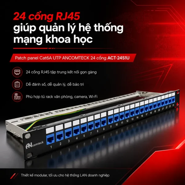 Patch panel Cat6A UTP ANCOMTECK 24 cổng ACT-24S1U
