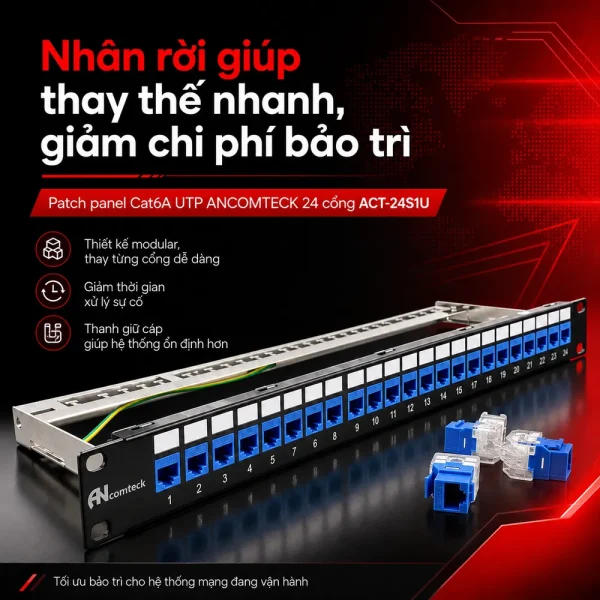 Patch panel Cat6A UTP ANCOMTECK 24 cổng ACT-24S1U