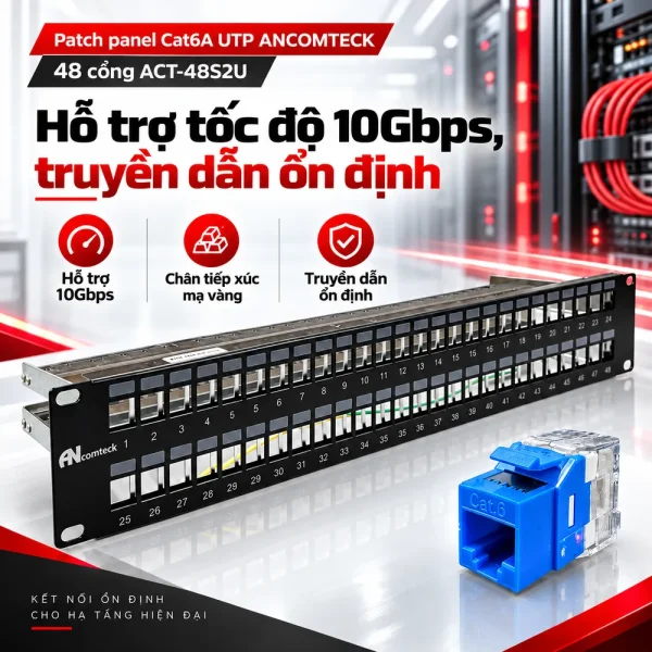 Patch panel Cat6A UTP ANCOMTECK 48 cổng ACT-48S2U
