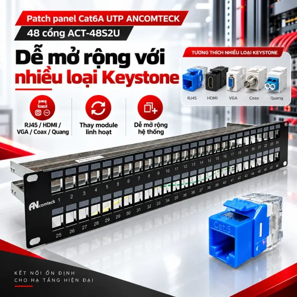 Patch panel Cat6A UTP ANCOMTECK 48 cổng ACT-48S2U