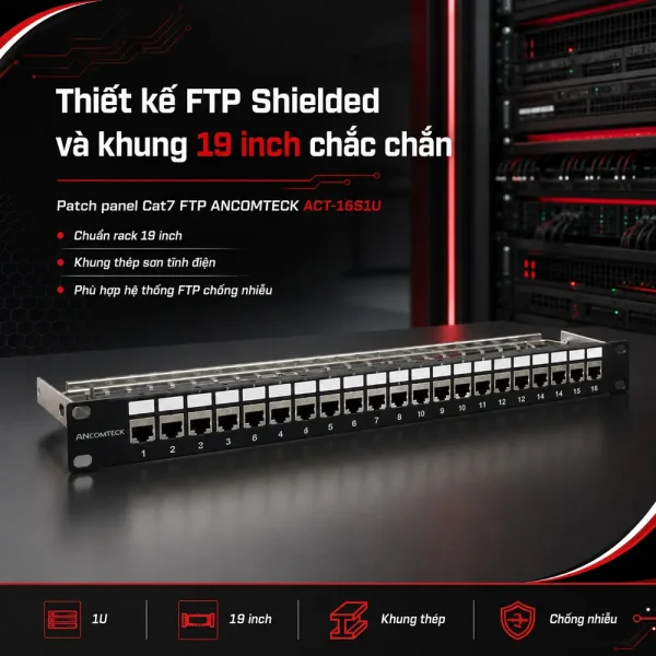Patch panel Cat7 FTP ANCOMTECK 16 cổng ACT-16S1U