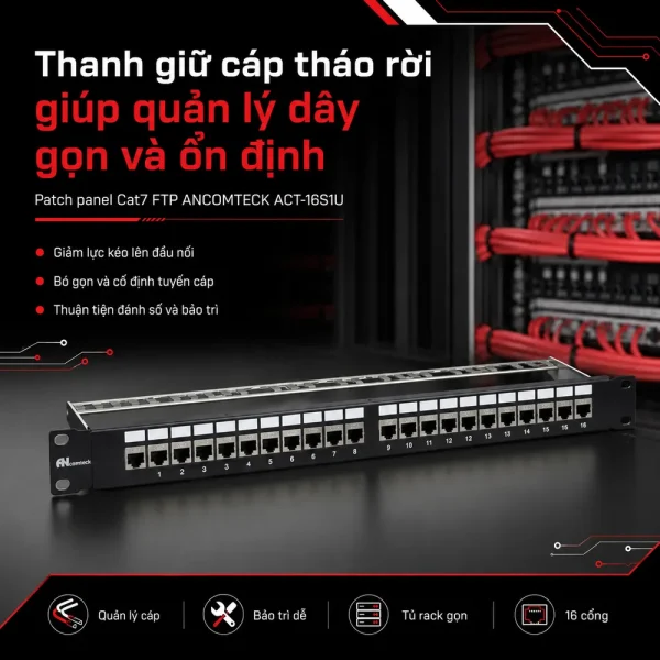 Patch panel Cat7 FTP ANCOMTECK 16 cổng ACT-16S1U