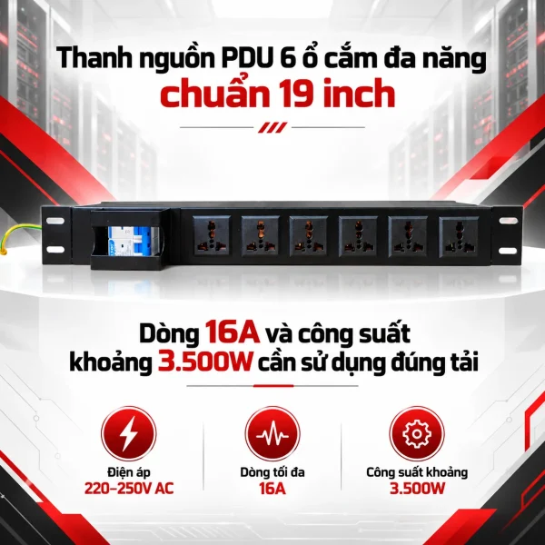 Thanh nguồn PDU 6 ổ cắm đa năng chuẩn 19 inch