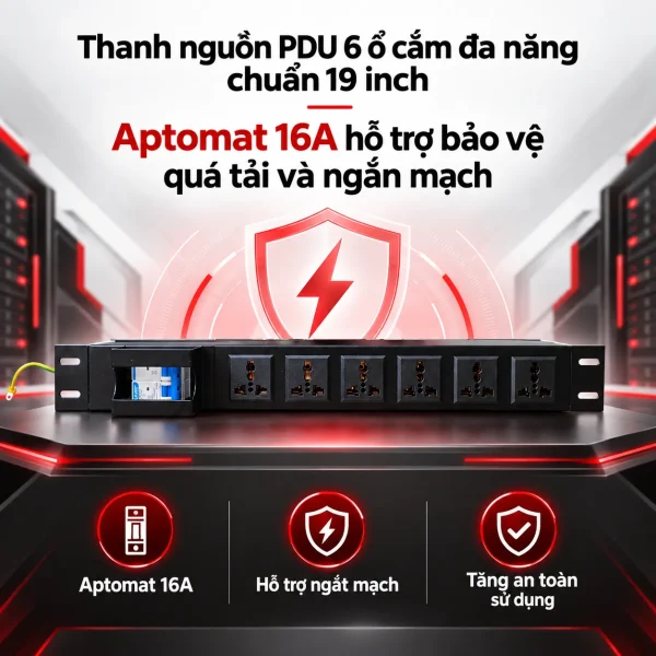 Thanh nguồn PDU 6 ổ cắm đa năng chuẩn 19 inch